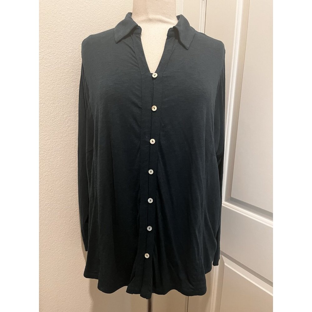 J. Jill size large forest green blouse V-neck button front relaxed casual NEW